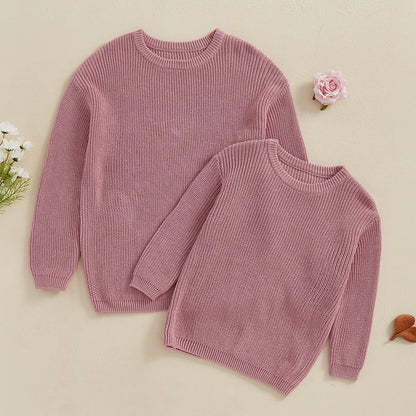 Suefunskry 1PC Mommy and Me Matching Sweaters Solid Color Knitted Long Sleeve Round Neck Warm Pullover Tops for Autumn Winter