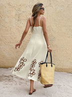 Cream Embroidered Leaf Pattern Spaghetti Strap Midi Dress Summer Casual Beach
