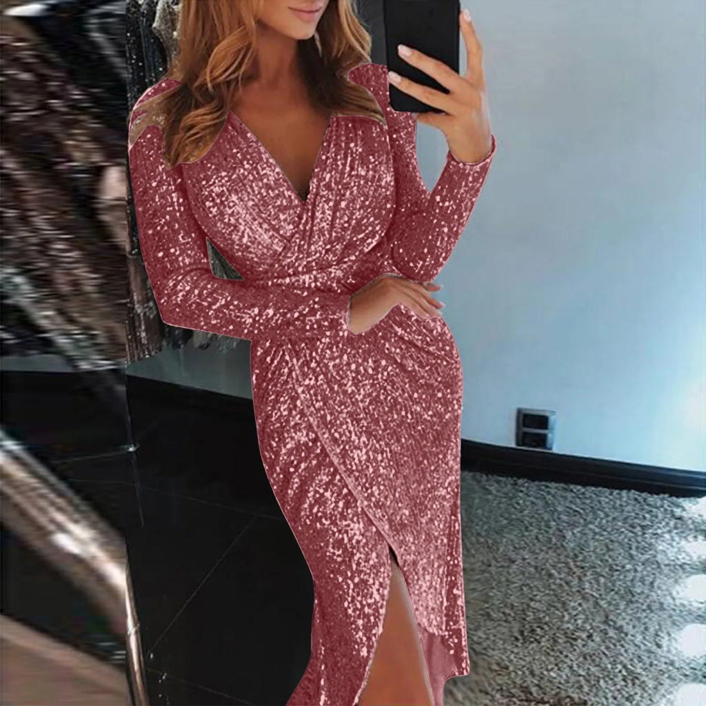Top Selling  Dresses For Women 2024 Plus Size Deep V Sequins Wrap Ruched Long Sleeve Nightclub Dress Vestidos Para Mujer