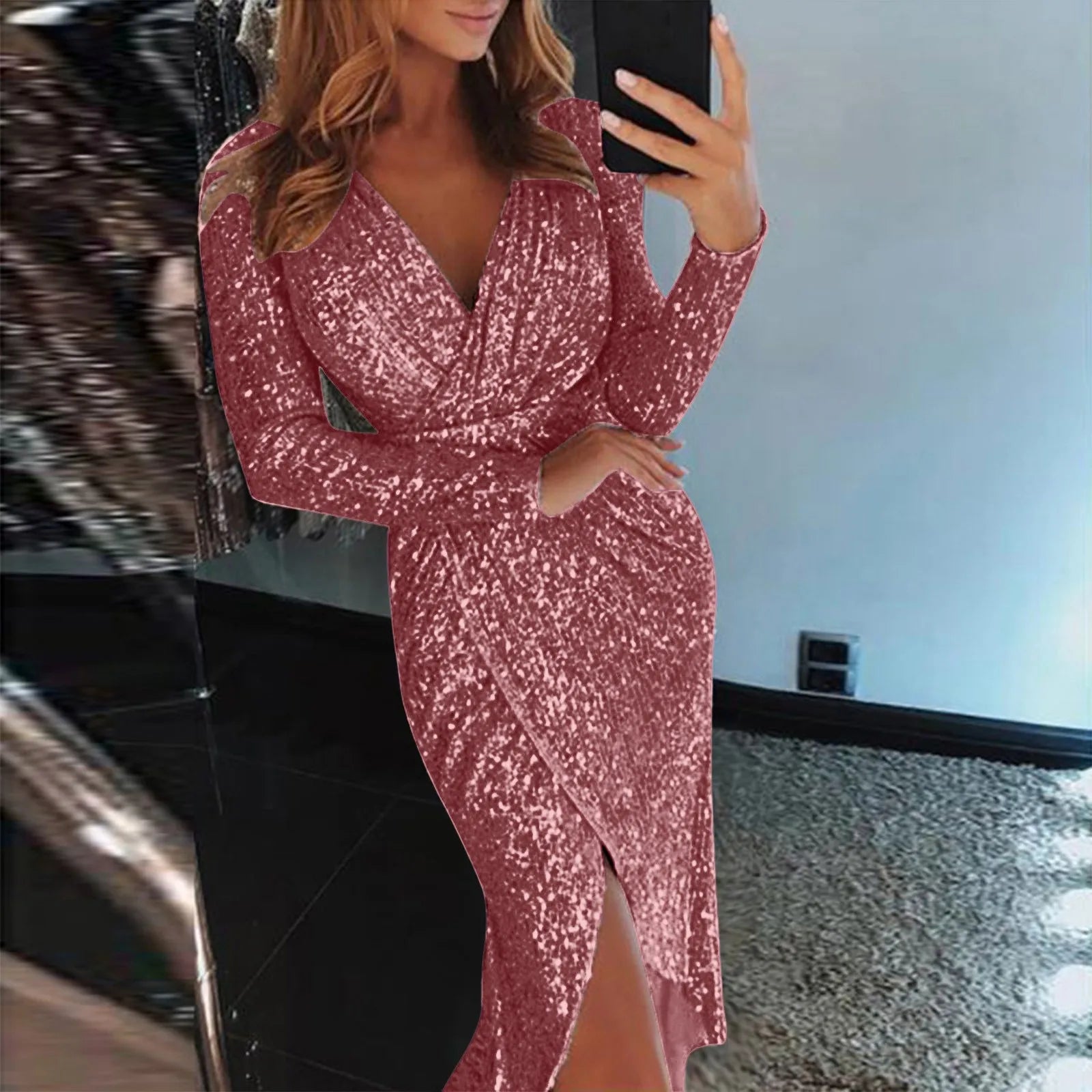 Top Selling  Dresses For Women 2024 Plus Size Deep V Sequins Wrap Ruched Long Sleeve Nightclub Dress Vestidos Para Mujer