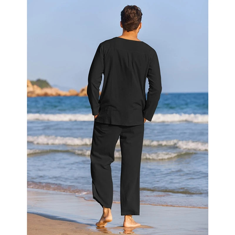 Men s Summer Cotton Linen Clothes Solid Color Long Sleeve Henley Shirt Elastic Waist Drawstring Pants 2 Pieces Loungewear Set
