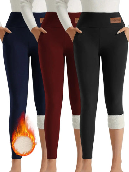 【3 Pack Winter Warm Pants】Fleece Lined High Waist Leggings for Women, Black+Navy+Wine Red Thickened Thermal Trousers, Windproof
