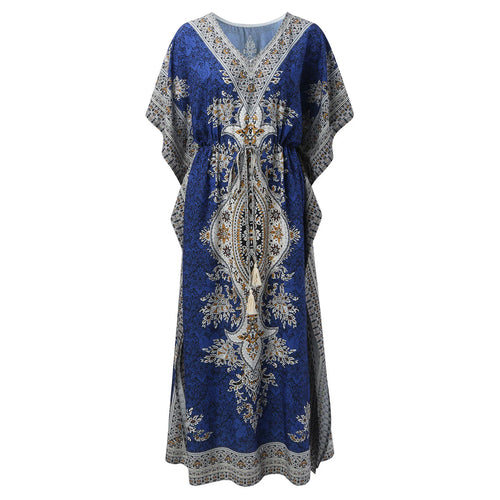 Bohemian V-Neck Short Sleeve Beach Smock Dress Women Summer Autumn Loose Casual Sunscreen Print Boho Long Dresses For Women