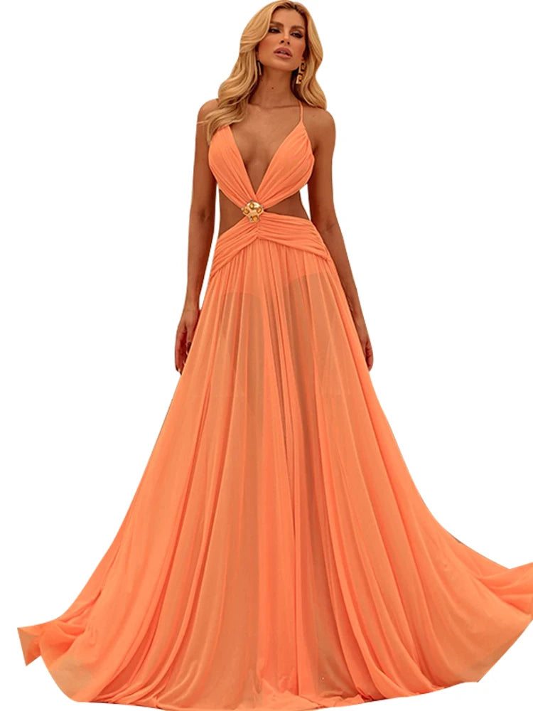 Sexy Hollow Out Bikini Long Dress Mesh Backless Lace Up Sleeveless Female Dresses 2025 Summer Lady A-line Pleat Robe Beach
