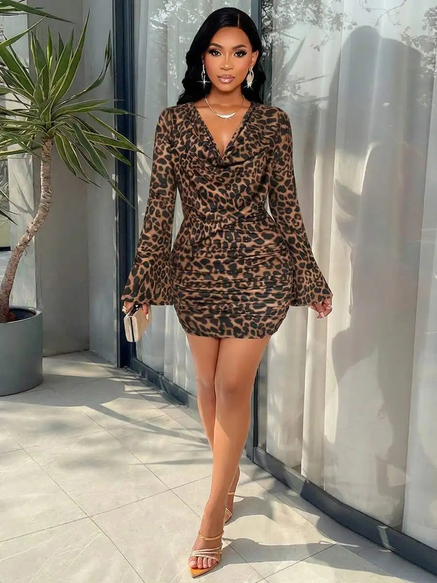Sparkly Brown V-Neck Ruched Mini Dress with Flare Sleeves and Tie Waist