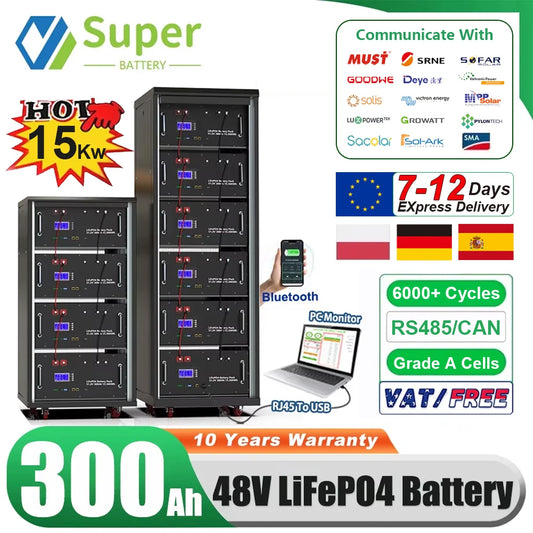 LiFePO4 48V 300Ah 15Kwh Battery Pack 6000 Cycles 51.2V BMS 100Ah 120Ah 150Ah 200Ah Solar Energy Storage Lithium Battery EU STOCK