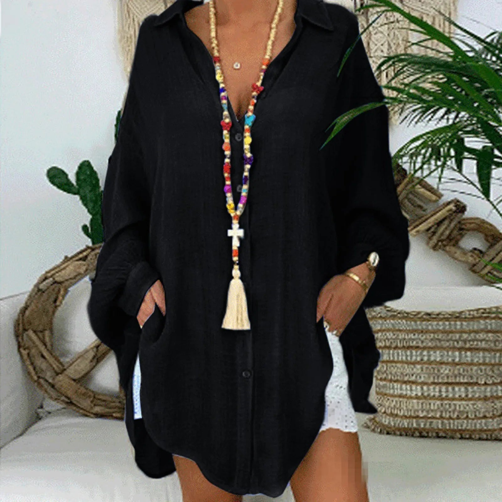 Loose Linen Shirts for Women Solid Color Cotton Linen Bohomian Style Long Sleeve Loose Casual Blouse Lapel Neck Large Size Shirt