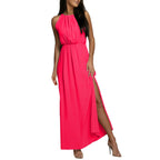 Women's Dressy Casual Long Dress Solid Color Sleeveless High Round Neck Side Slit Full-Length Dress Elegant Simple Party Dress