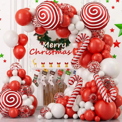 Christmas Balloons Garland Kit White Red Confetti Balloon Arch Christmas Candy Cane Foil Balloon Decoration Xmas New Year Party