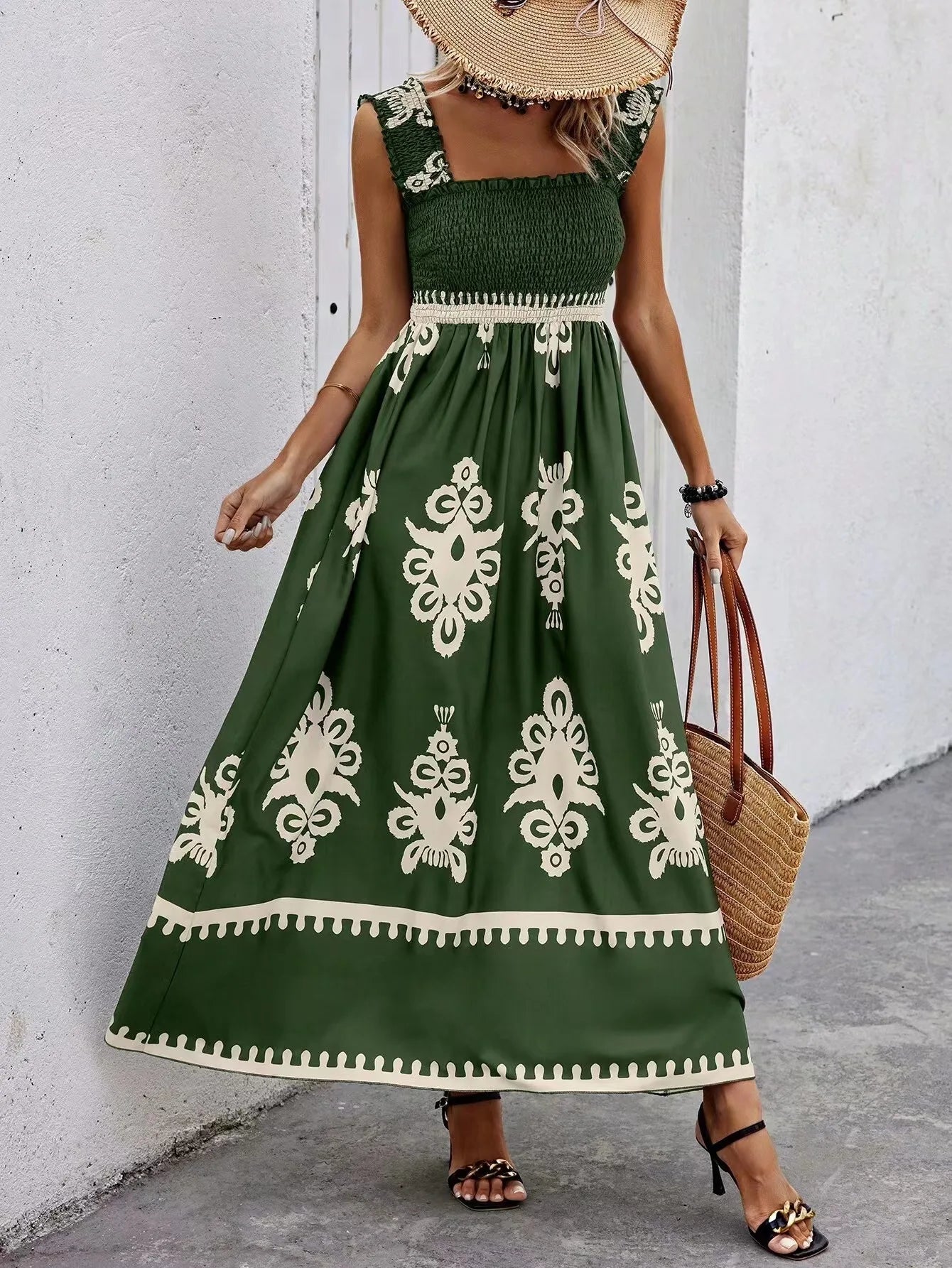 VEITCHE Summer Vacation Style Women Dress Fashionable Printed Sexy Sleeveless Strap Casual Comfortable Beach Long Sundress