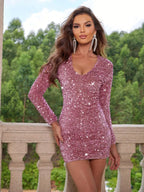 Women's Black Sequin V-Neck Long Sleeve Bodycon Mini Dress for Party Night Out