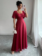 Pink Butterfly Print Chiffon Maxi Dress with Ruched Bodice and Batwing Sleeves for Summer