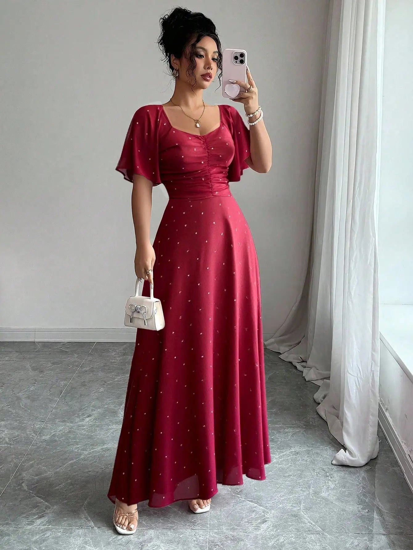 Pink Butterfly Print Chiffon Maxi Dress with Ruched Bodice and Batwing Sleeves for Summer