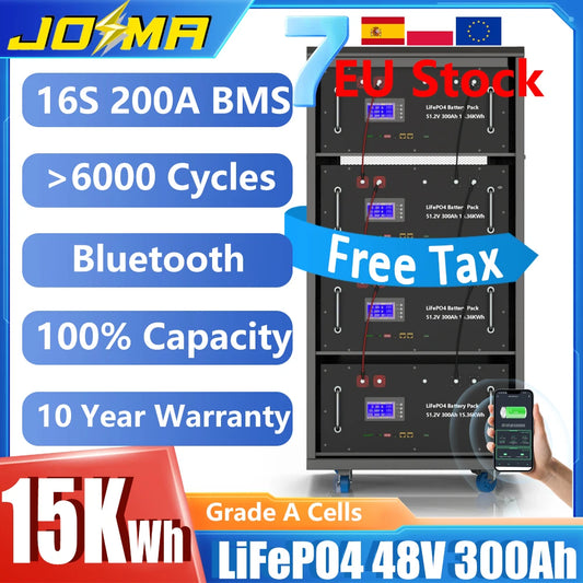 EU PL Stock 48V 300Ah LiFePO4 Battery Pack 15Kwh 100Ah 120Ah 200Ah 150Ah 6000+ Cycles Built-in BMS RS485 CAN Home Energy Storage