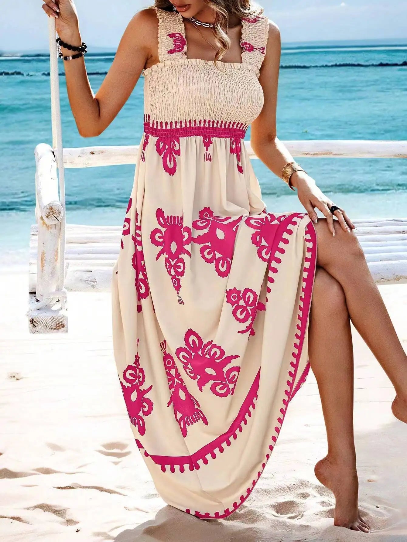 VEITCHE Summer Vacation Style Women Dress Fashionable Printed Sexy Sleeveless Strap Casual Comfortable Beach Long Sundress