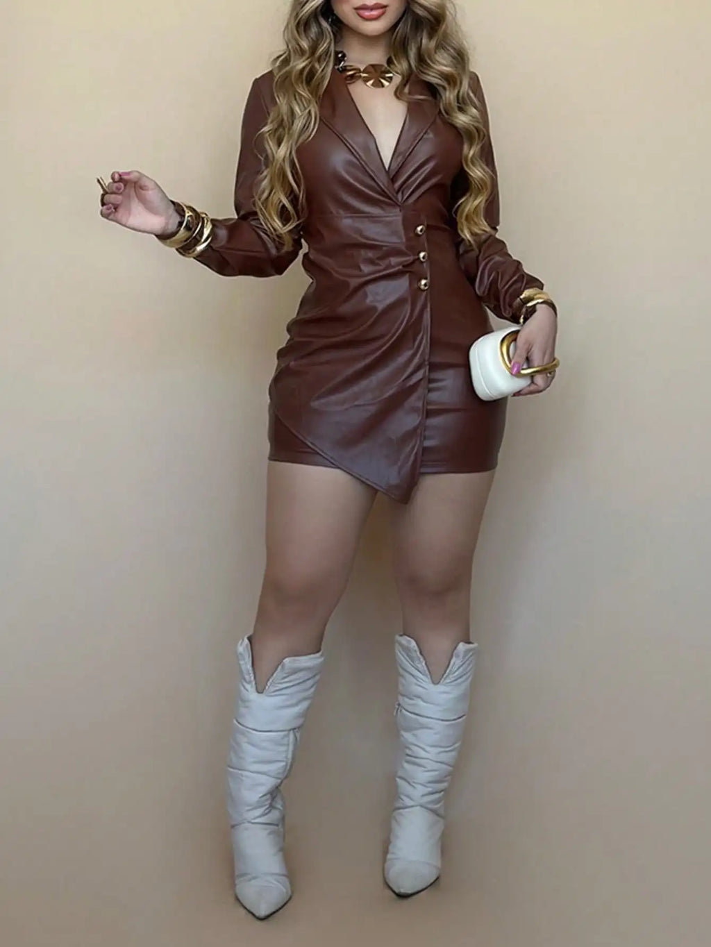 Women's PU Leather Bodycon Mini Dress with Long Sleeve Notched Collar and Metal Buttons for Casual Party