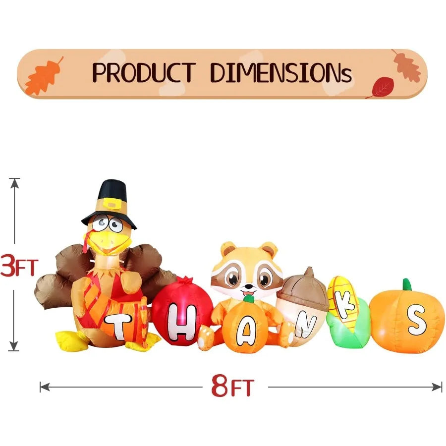 8FT Thanksgiving Inflatable Turkey Outdoor Decor with Integrated Lights for Yard Fun Perfect for Autumn Fall Harvest and Happy