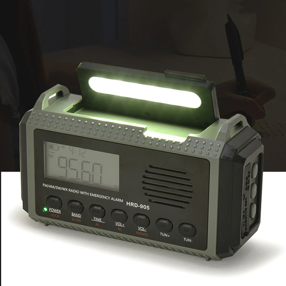 Small Rechargeable Portable Radio Solar Powered Emergency Power Bank survival with LED Flashlight USBC Charging Hand Crank Radio