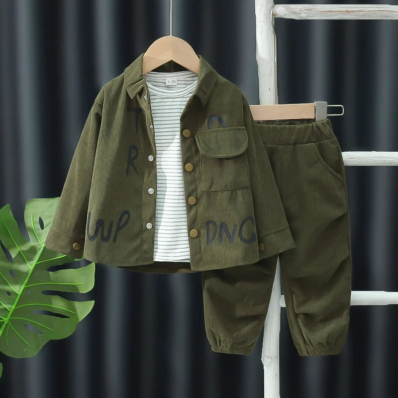 New boys' spring and autumn fashion trend letter printed corduroy jacket with round neck and three piece set of boys' pants