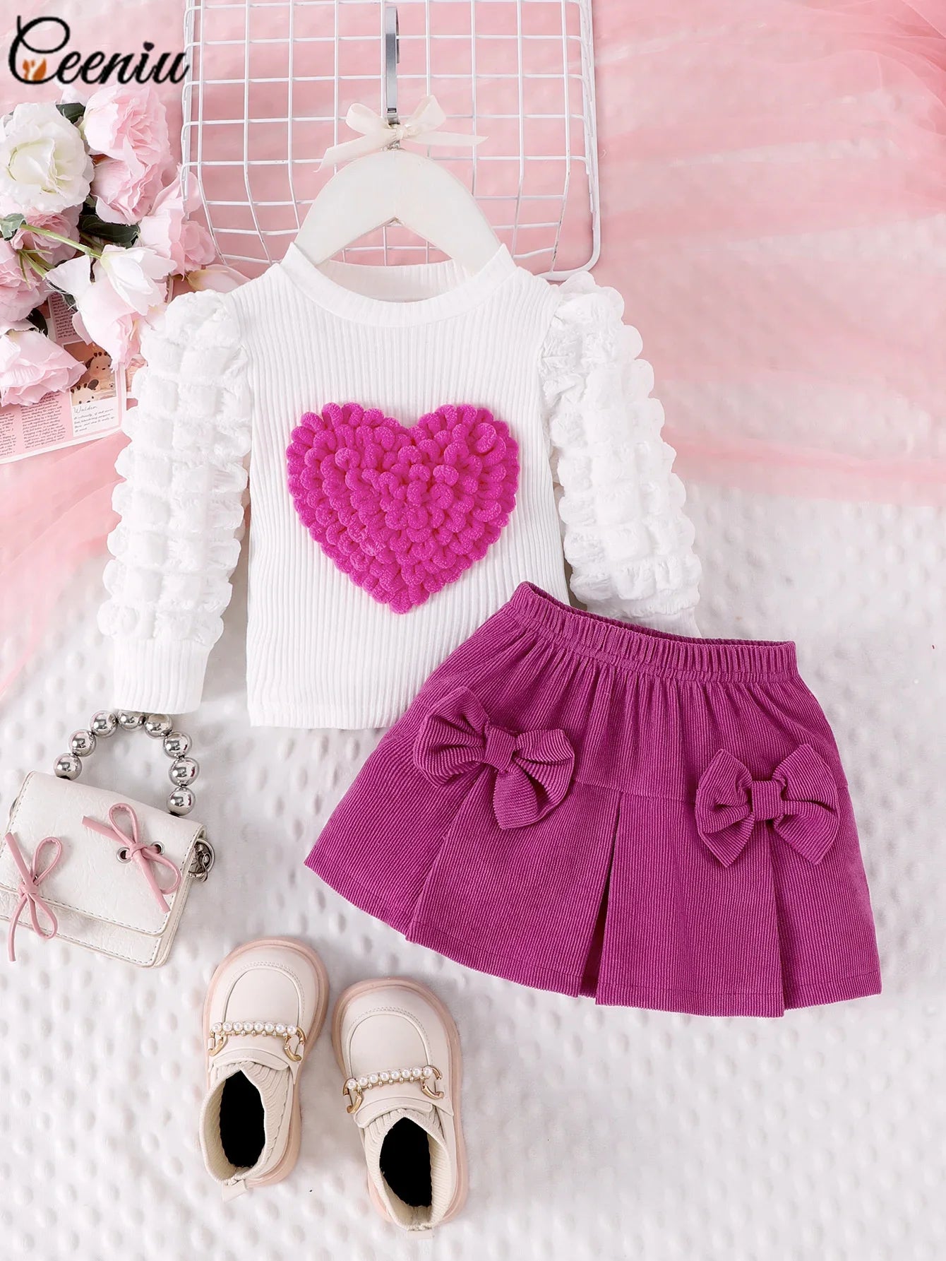 Baby Girl Outfit 0-3Y Pink Heart & Rose 3pcs Set High Neck Top Bow Skirt Hat Toddler Clothing Ensemble for Girls