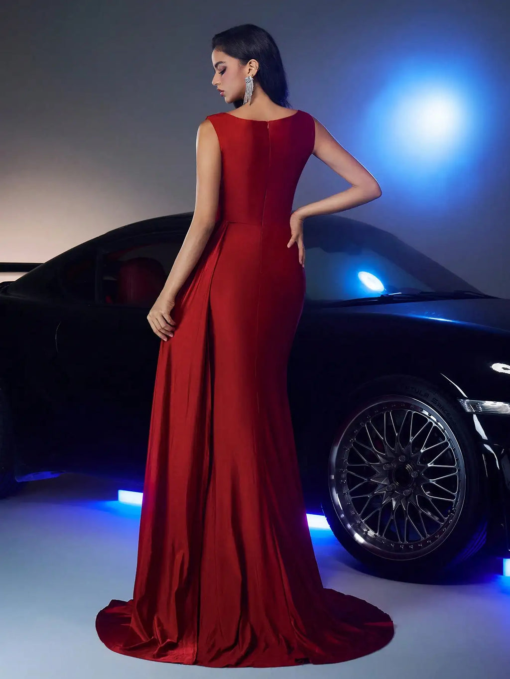 Burgundy Red Evening Dress with Floral Lace Applique and Draped Asymmetrical Hem