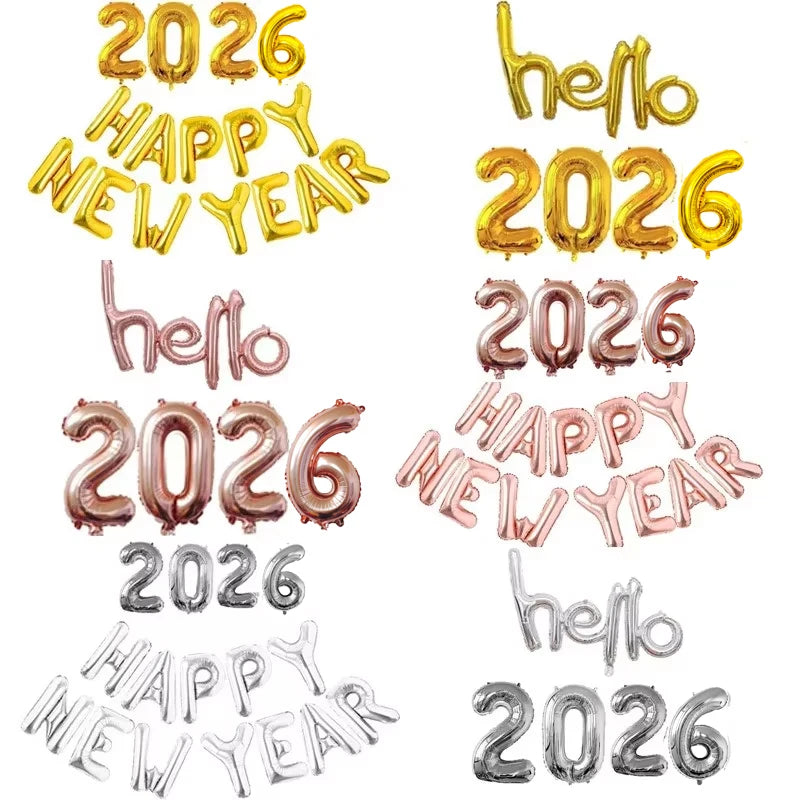 Gold Sliver Happy New Year 2026 Foil Balloons Hello 2026 Letter Balloon Banner Garland Christmas New Year Eve Decorations