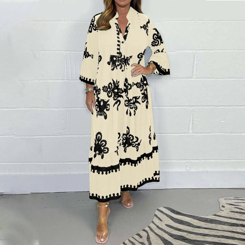 Casual Long Dresses Womens Summer Retro V Neck Print Long Sleeve Dresses Elegant High Quality Party Formal Vestidos Women