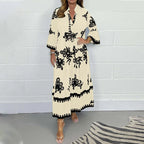 Casual Long Dresses Womens Summer Retro V Neck Print Long Sleeve Dresses Elegant High Quality Party Formal Vestidos Women