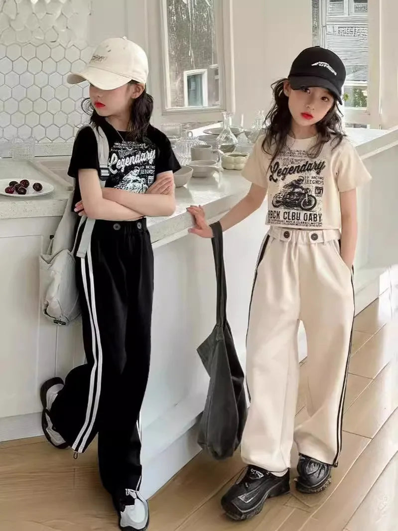 Girls' summer casual suit, new children's fashionable T-shirt, casual pants, summer dress, foreign short-sleeved two-piece set,