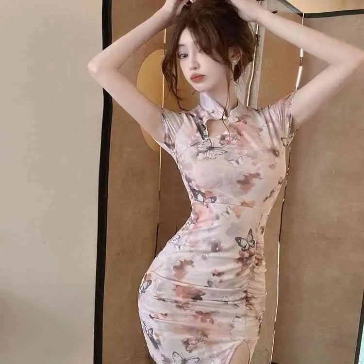 2025 Summer Women's Chinese-style Young Fashion Daily Slim-fit Lotus Leaf Edge Elegant Short-sleeved Cheongsam Dress