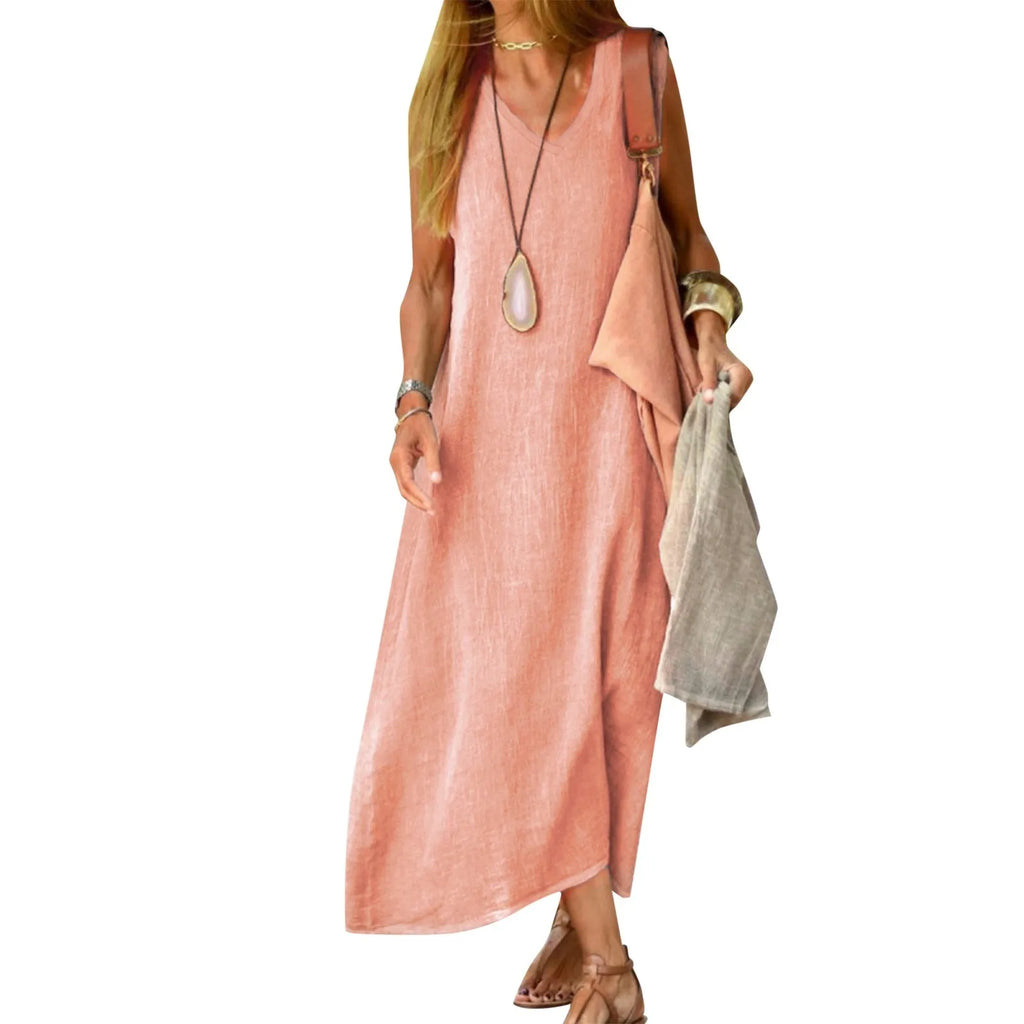Women's Summer Dresses Cotton Linen Long Dress Sleeveless Loose Fit Robe Vestidos Solid Color Casual Sundress платье женское