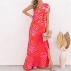 Tropical Printing Women Maxi Dress Summer Elegant One Shoulder Sleeveless Slit Long Party Evening Dress Lady Boho Sundress Robe