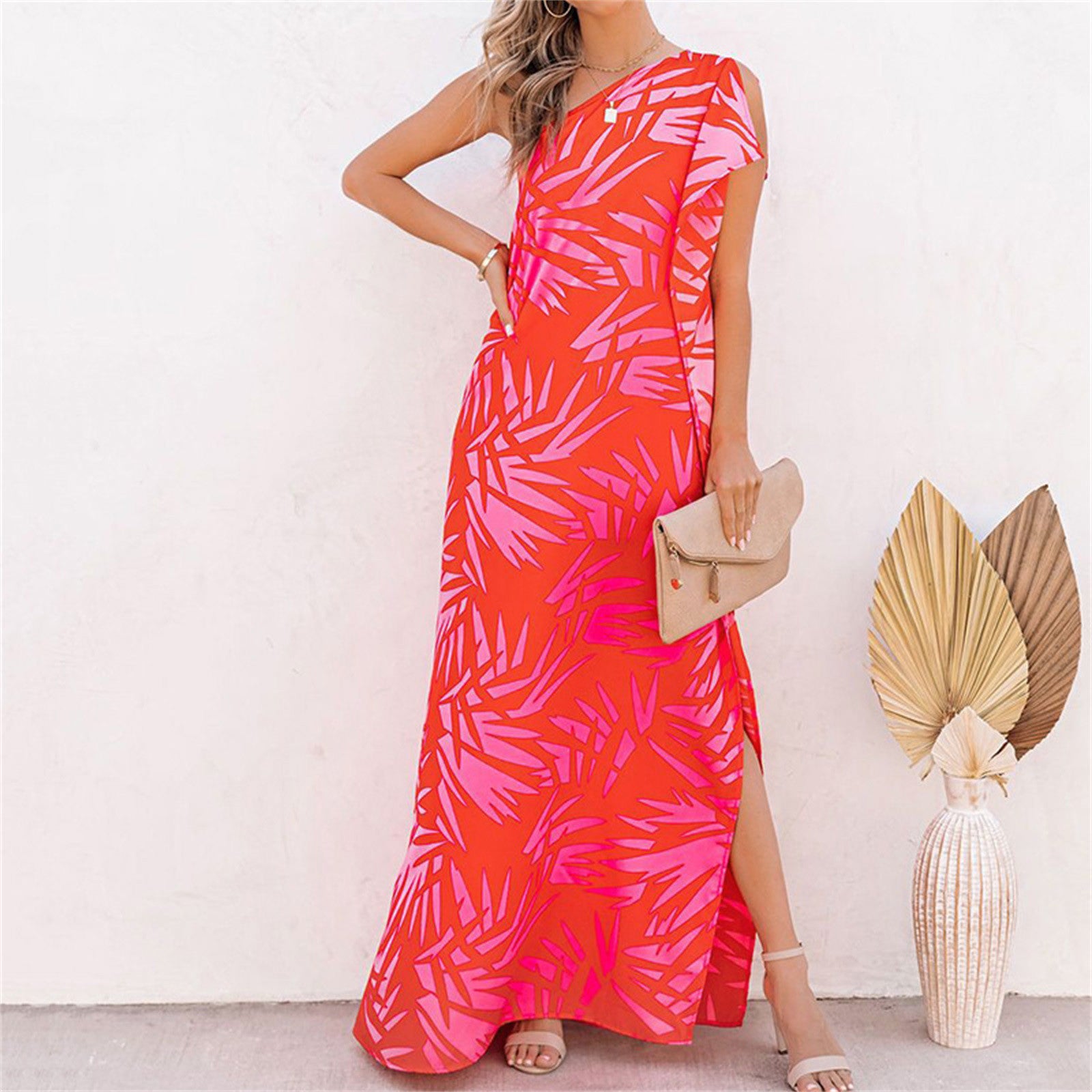 Tropical Printing Women Maxi Dress Summer Elegant One Shoulder Sleeveless Slit Long Party Evening Dress Lady Boho Sundress Robe