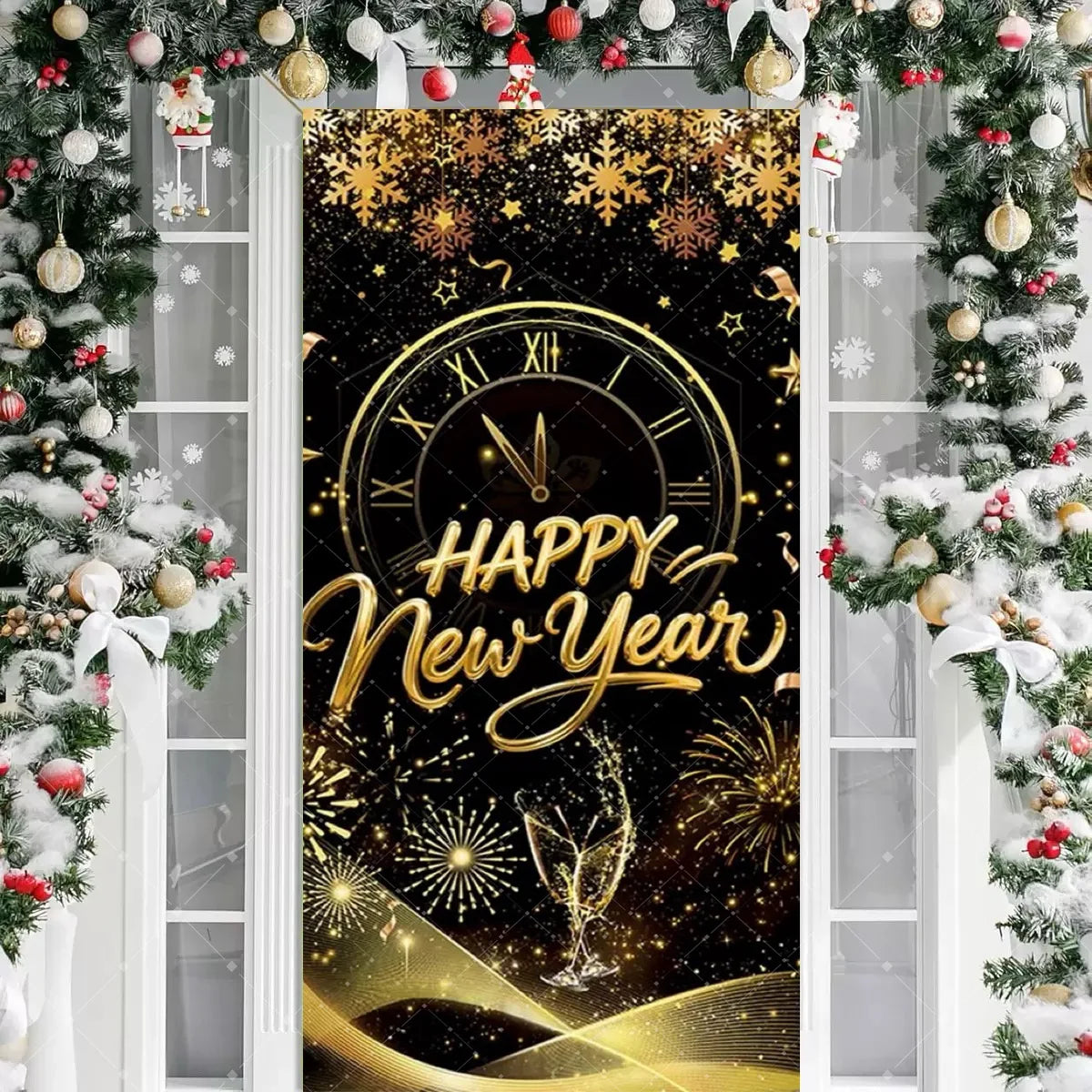 Black Gold 2026 Happy New Year Theme Party Door Decor Backdrop New Year Clock Gift Champagne Party Cake Table Porch Decor Banner