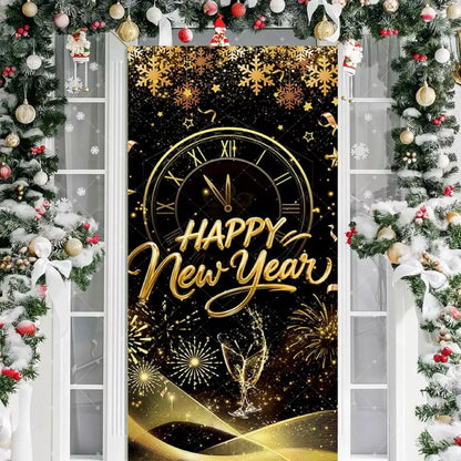 Black Gold 2026 Happy New Year Theme Party Door Decor Backdrop New Year Clock Gift Champagne Party Cake Table Porch Decor Banner