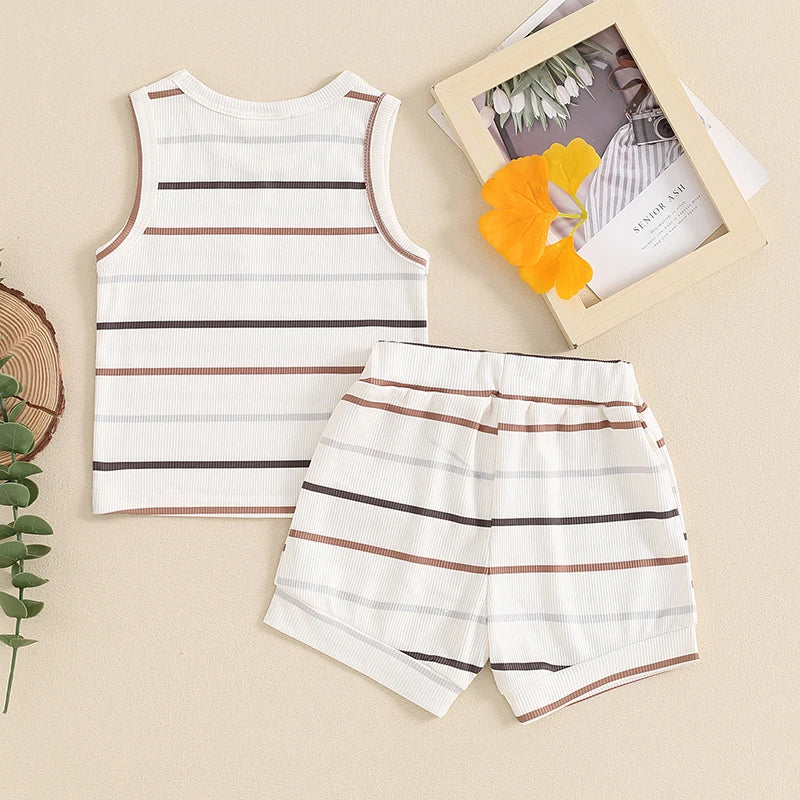 2024-03-13 lioraitiin Toddler Baby Boy Ribbed Outfits Striped Sleeveless Round Neck Tank Tops + Elastic Waist Shorts Summer Set