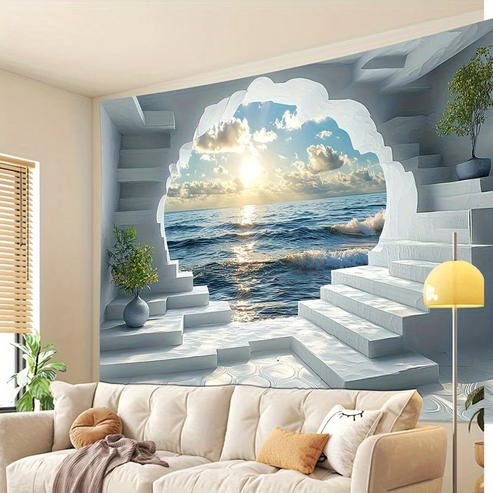 Seaside Window Scene Tapestry - Soft polyester wall art with vibrant ocean scenery, hand-stitched edges, bedroom and home decor