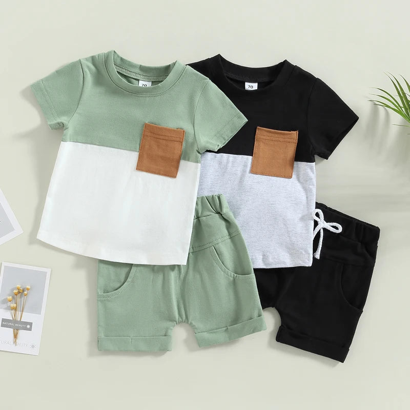 2023-02-01 Lioraitiin 0-3Years Toddler Boys 2Pcs Summer Outfit Sets Short Sleeve Contrast Color Tops Solid Drawstring Shorts