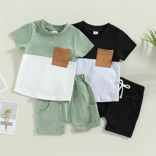 2023-02-01 Lioraitiin 0-3Years Toddler Boys 2Pcs Summer Outfit Sets Short Sleeve Contrast Color Tops Solid Drawstring Shorts