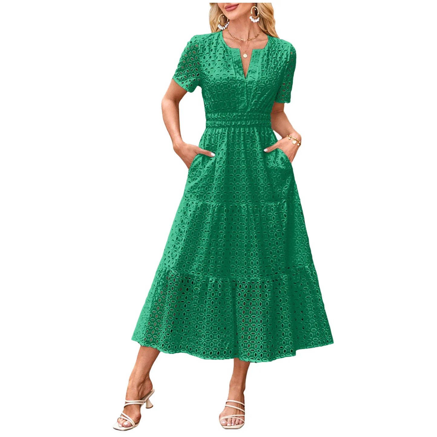 Women'S Summer Short Sleeved Long Dress Trendy V-Neck Hollow Eyelets Ruffle Hem A-Line Dress Pockets Female Temperament Dresses