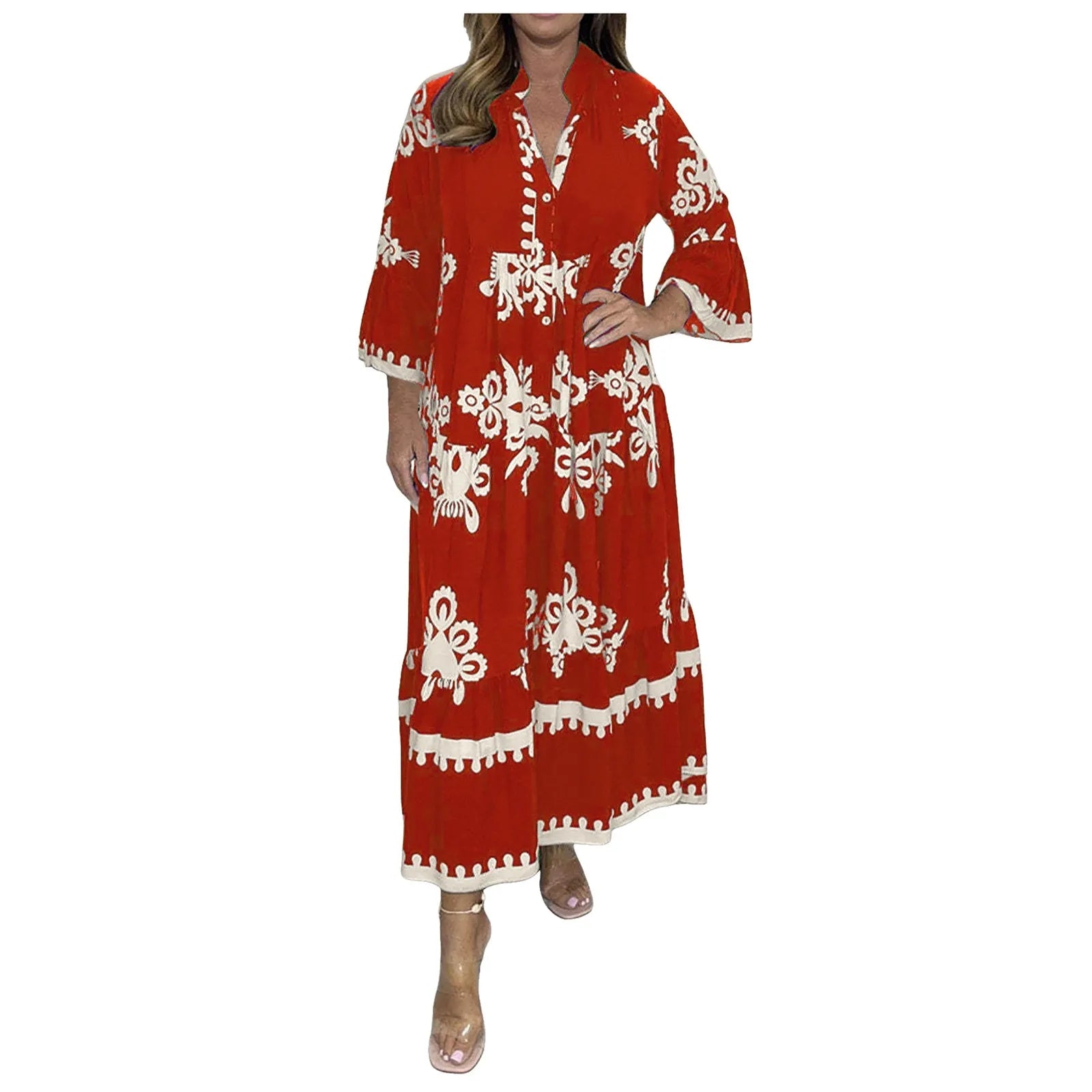 Casual Long Dresses Womens Summer Retro V Neck Print Long Sleeve Dresses Elegant High Quality Party Formal Vestidos Women