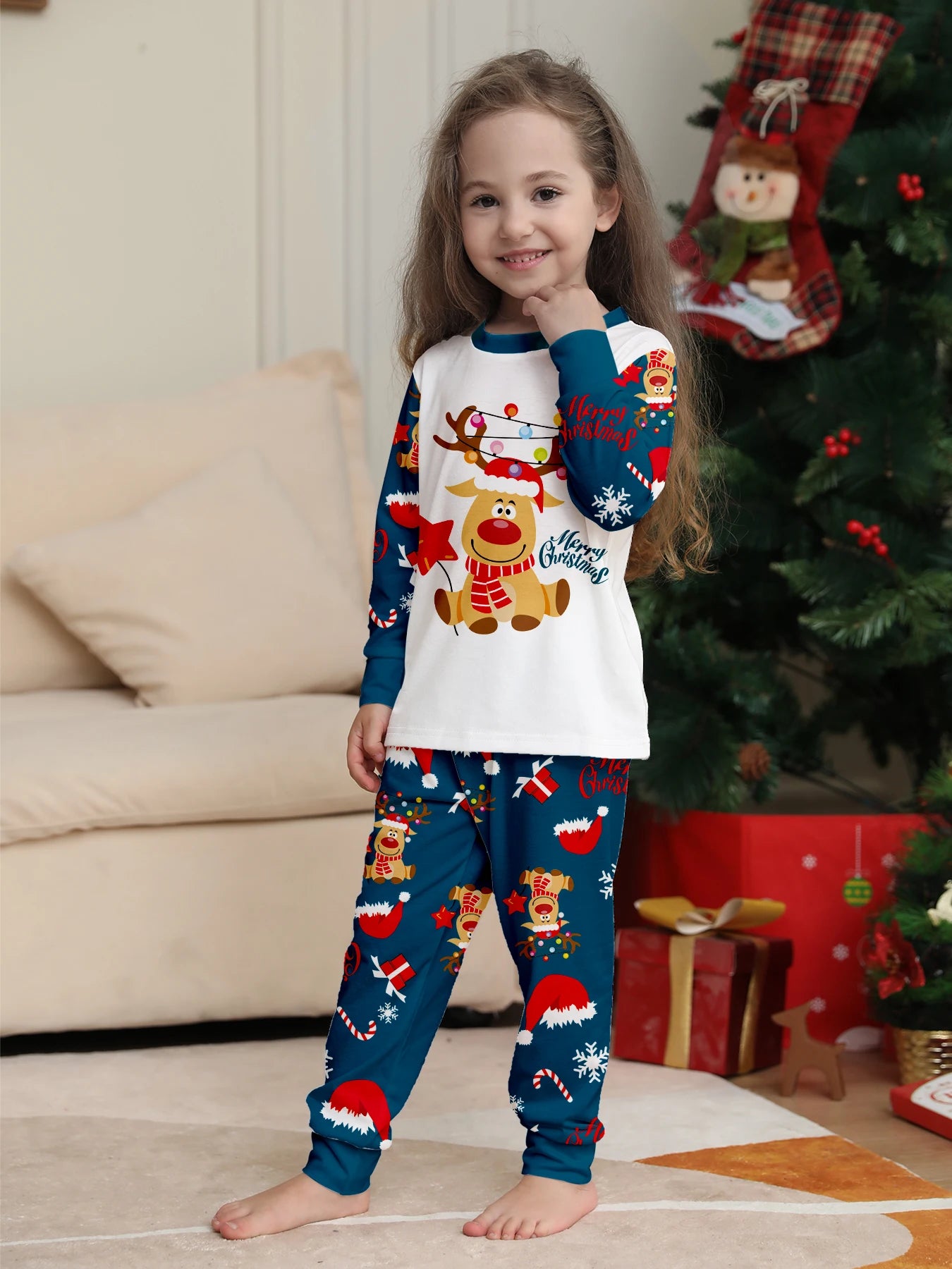 Christmas Family Pajamas: Matching White & Navy Set with Reindeer & Lights Prints
