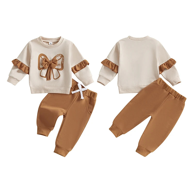 Baby Girls 2-Piece Outfit Long Sleeve Crew Neck Bow Sweatshirt with Elastic Waist Sweatpants Cotton Polyester Blend for Fall 0-3T