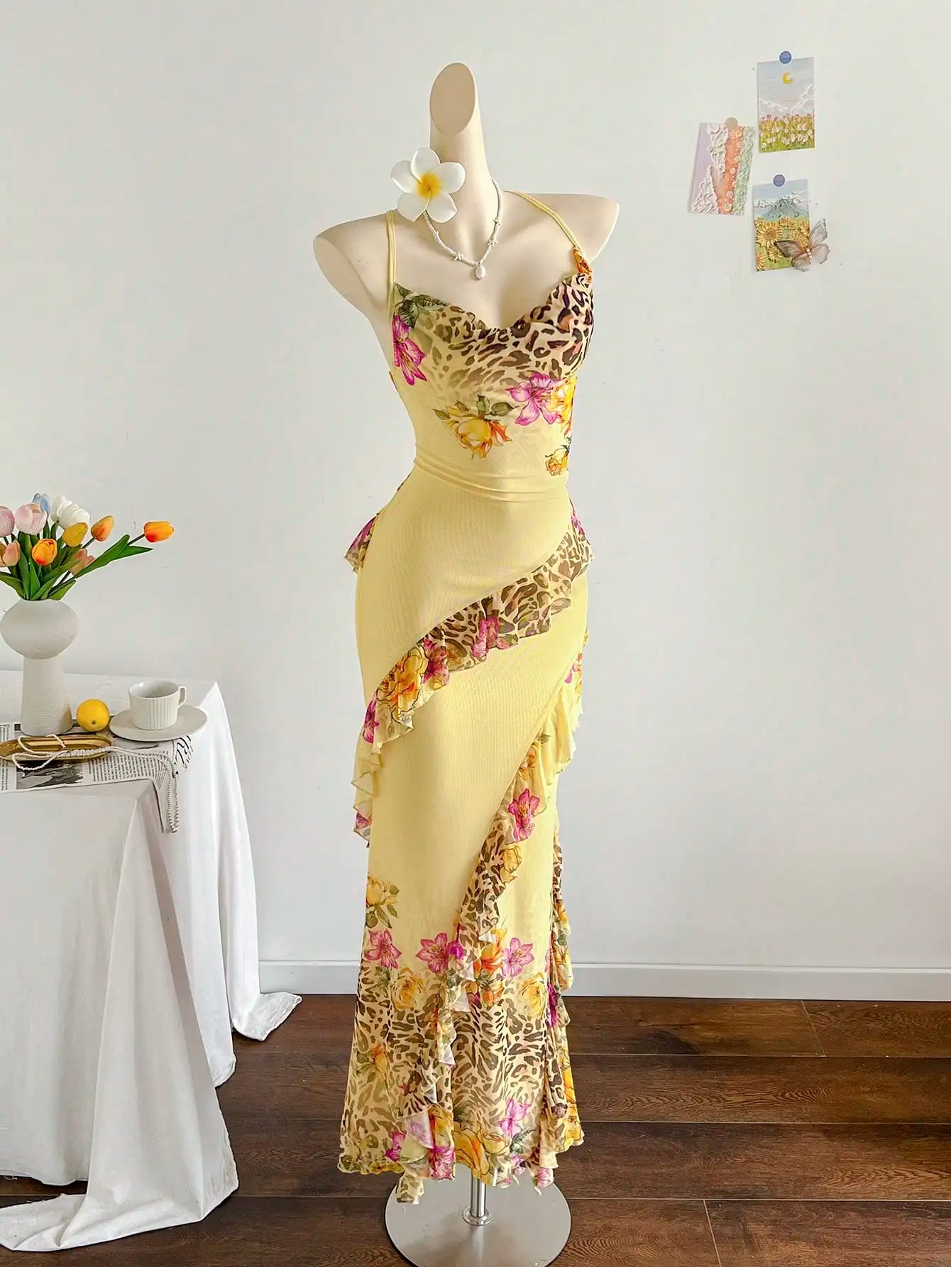 Soleia Women's Colorful Vintage Floral Print Draped Neck Layered Ruffle Hem Maxi Dress, Vacation Style Elegant Dress Women,