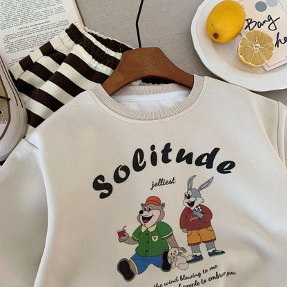 Kids Baby Boys Autumn Sets Cartoon Printed Sweatshirt+striped Elastic Waist Pant 1-8Y Boys Sets Loose Casual Baby Boys Sport Set