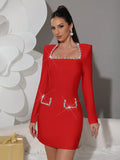 Red Rhinestone-Embellished Long Sleeve Bodycon Mini Dress for Evening Events