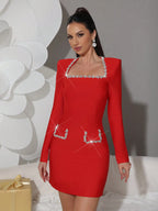 Red Rhinestone-Embellished Long Sleeve Bodycon Mini Dress for Evening Events