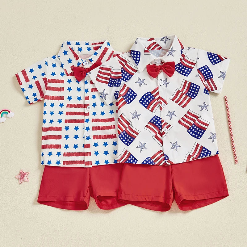 Infant Boy Independence Day Apparel Red White Blue Star Stripe Print Bowtie Top Shorts Set Kids Clothing for July 4th