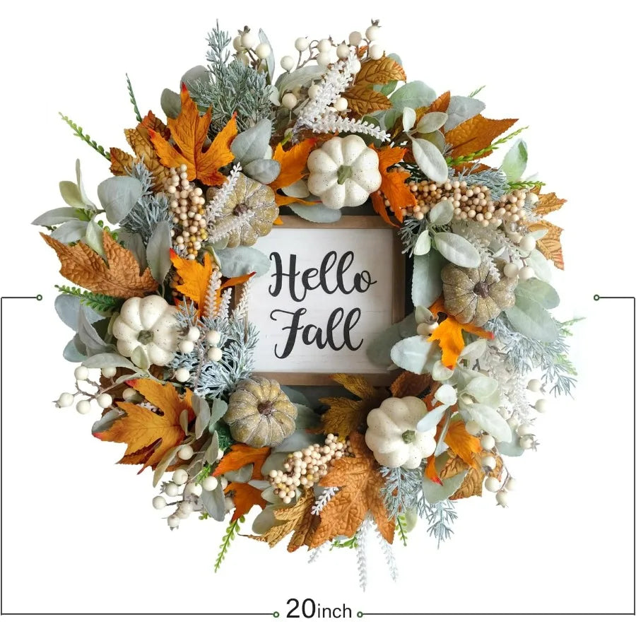 20inch Thanksgiving Fall Wreath with Eucalyptus Berries Pumpkins Lamb Ears Leaves for Front Door Porch Wall Home Outdoor Holida
