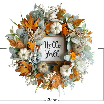 20inch Thanksgiving Fall Wreath with Eucalyptus Berries Pumpkins Lamb Ears Leaves for Front Door Porch Wall Home Outdoor Holida